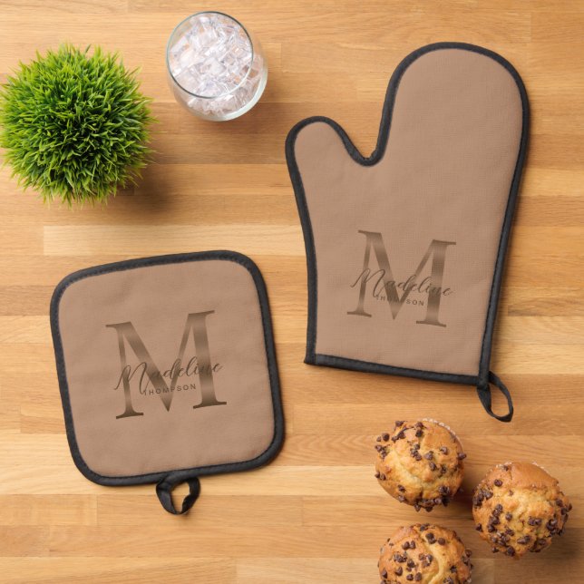 Neutrales Taupe und metallisches Gold Monogramm Sc Ofenhandschuh & Topflappen-Set (Oben Unten)
