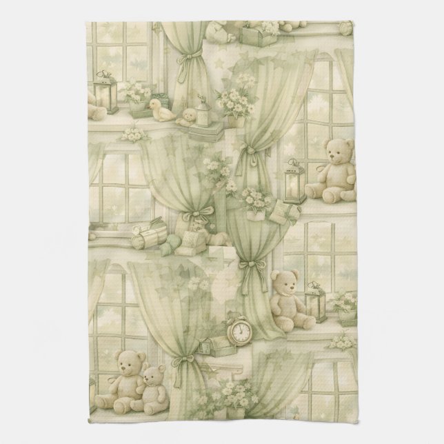 Neutrales Teddybär-Nursery-Zimmer Beige Muster (2) Geschirrtuch (Vertikal)