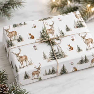 Neutrales Wasserfarben-Wald-Weihnachten mit Hirsch Geschenkpapier