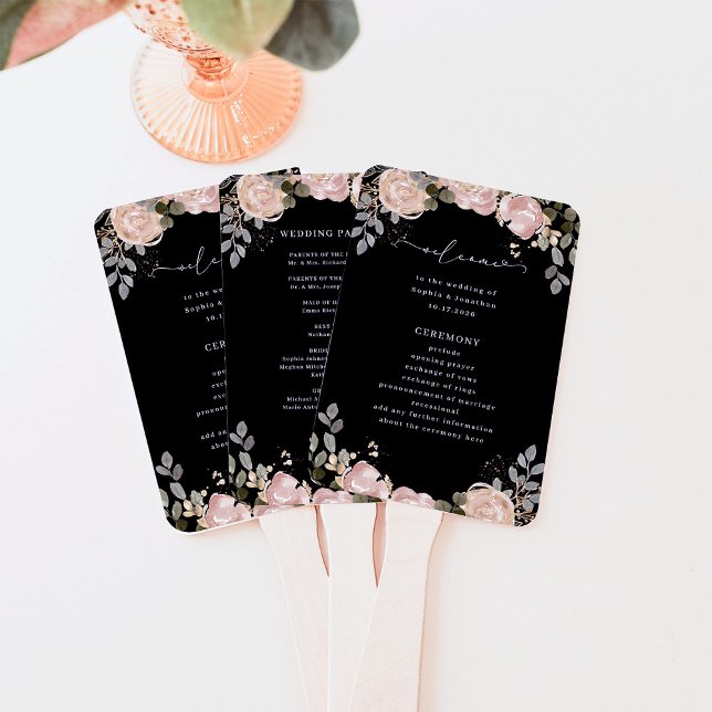 Neutrales Wasserfarbenschwarz | Hochzeitsprogramm Fächer (Elegant, dark black wedding program fans with neutral floral watercolor)