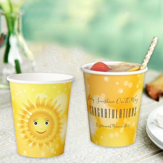 NeutronenBaby-Dusche für gelbes Orangengeschlecht Pappbecher (Here's the front and back of this easy to personalize party paper cup.. )