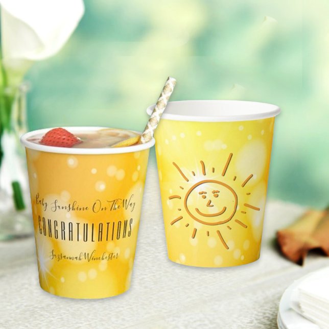 NeutronenBaby-Dusche für gelbes Orangengeschlecht Pappbecher (Baby shower paper cup with opposing side designs of template text and a hand drawn sun. )