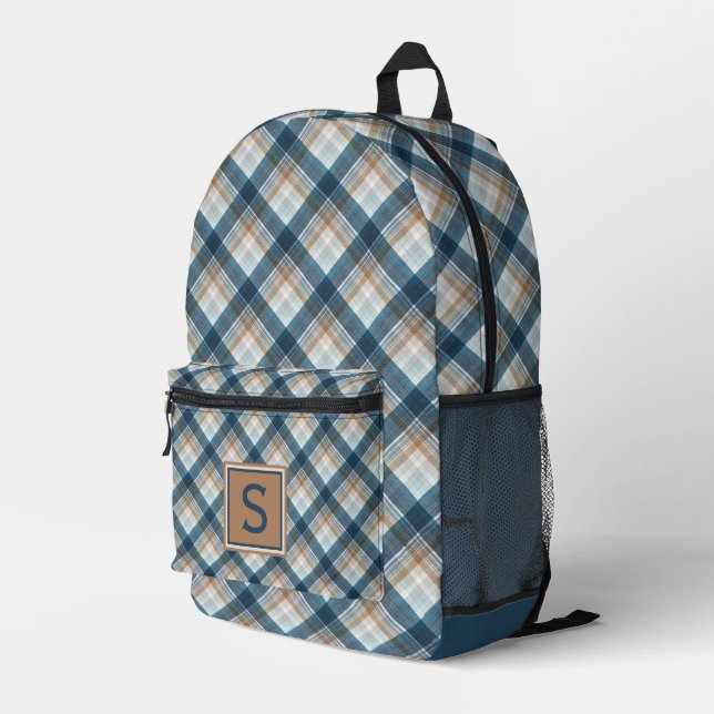 Neutronenbraun Beige Aquamarin Blaues Kariertes Ta Bedruckter Rucksack (Rückseitige Ecke Rechts)