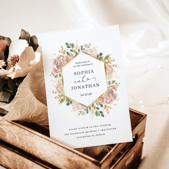 Neutronenfarben, blau | Hochzeit Einladung (An elegant, neutral floral wedding invitation with a faux gold look)