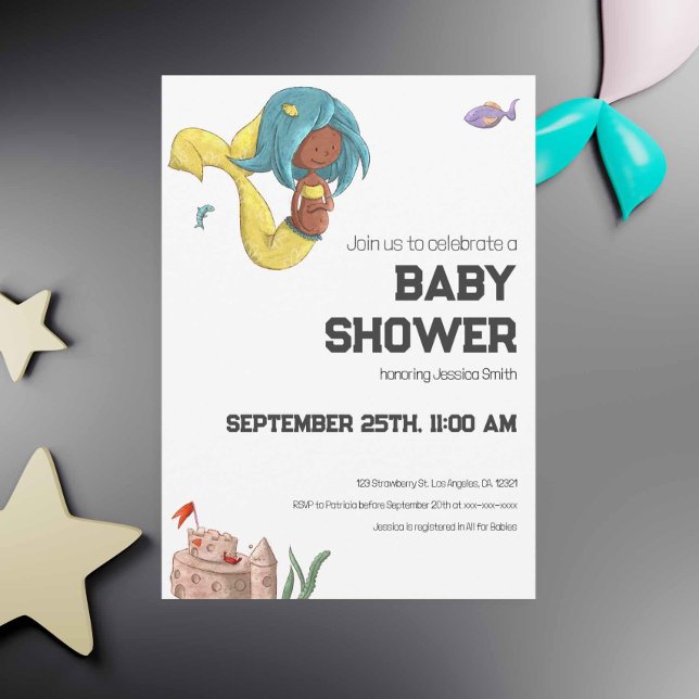 Neutrophilendusche der schwarzen Schwangere Einladung (Cute Black pregnant mermaid gender neutral baby shower in yellow and blue colors. Exclusive design.)
