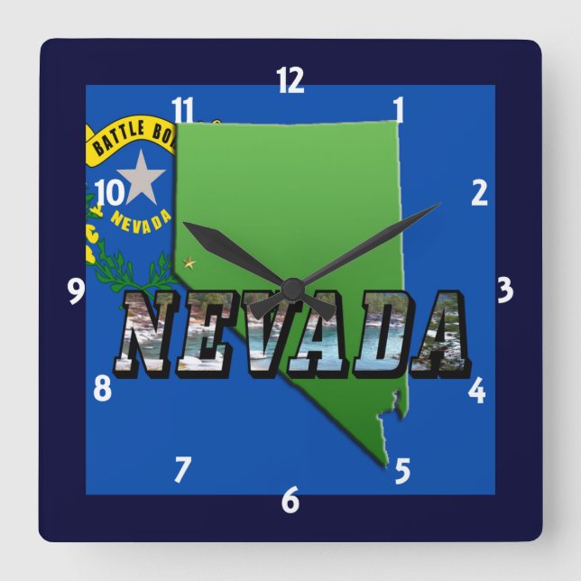 Nevada-Karte, Bildtext und Flag-Uhr Quadratische Wanduhr (Vorderseite)
