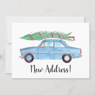 New Address Blue Car Christmas tree Watercolor Einladung