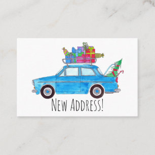 New Address blue Car mit Weihnachtsgeschenken Visitenkarte