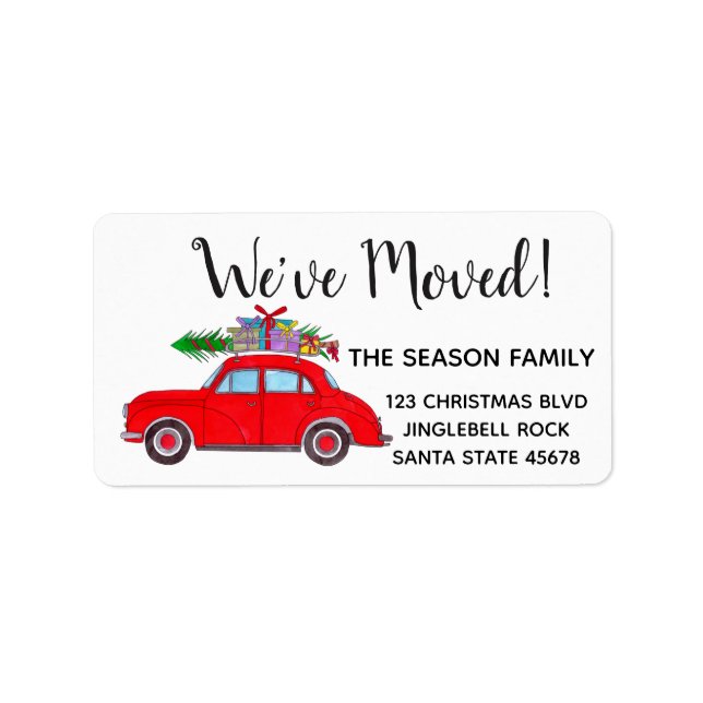 New Address Car mit Weihnachtsbaum Aquarell Adressaufkleber (Vorne)