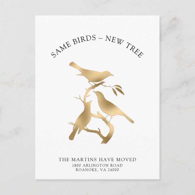 New Address Gold Metallic Birds Moving Ankündigungspostkarte (Vorderseite)