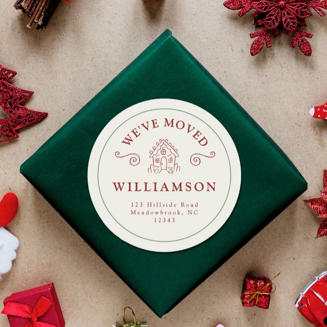 New Address Holiday Weihnachten Rotes Lebkuchen Runder Aufkleber (Von Creator hochgeladen)