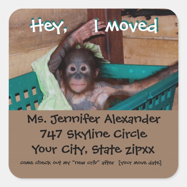 New Address Monkey BUsiness Quadratischer Aufkleber (Vorderseite)