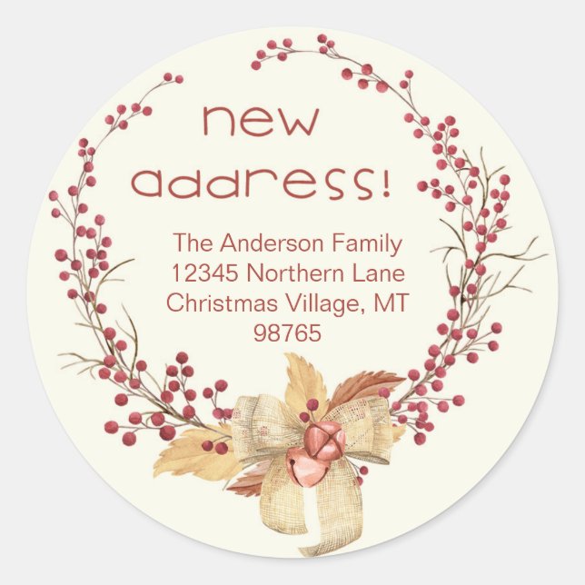 New Address Natural Berry Wreath Runder Aufkleber (Vorderseite)