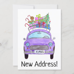 New Address Purple Car with Christmas Gifts Einladung