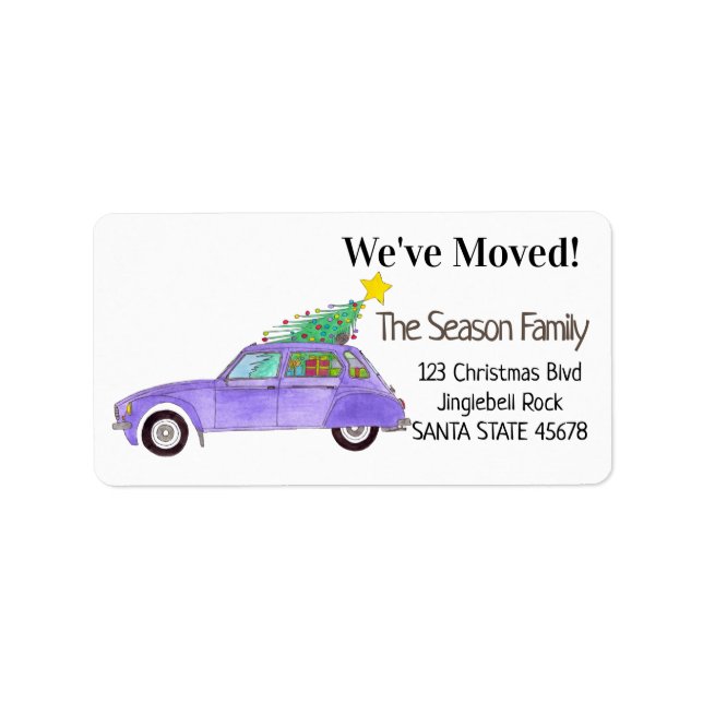 New Address Purple Car with Christmas Ohrts Adressaufkleber (Vorne)