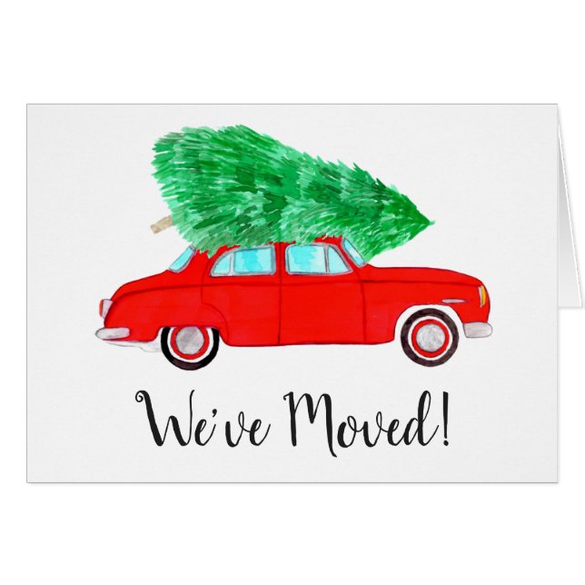 New Address Red Car mit Weihnachtsbaum Aquarell (Vorderseite (Horizontal))