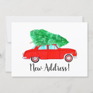 New Address Red Car mit Weihnachtsbaum Aquarell Einladung