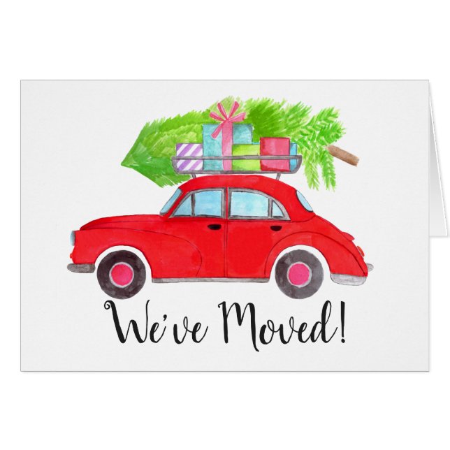 New Address Red Car mit Weihnachtsbaum Wasserfarbe (Vorderseite (Horizontal))