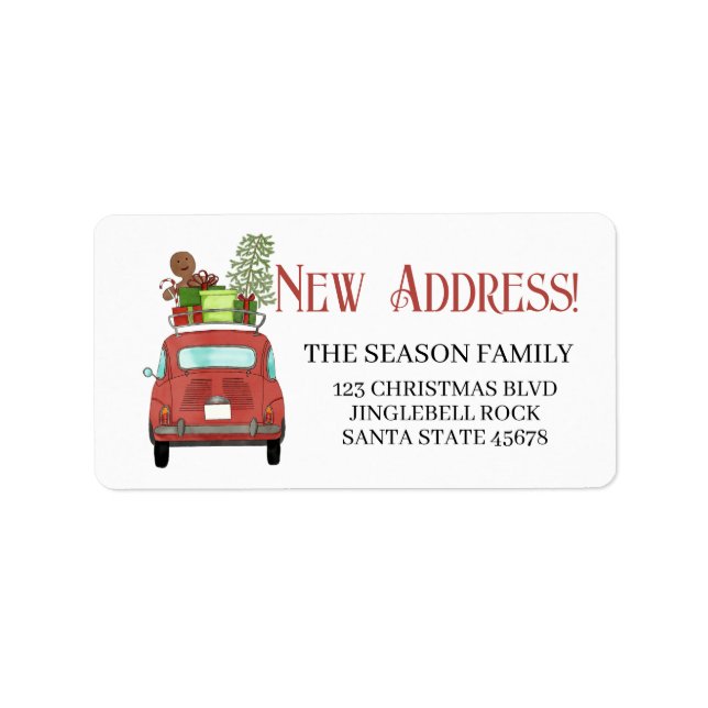 New Address Red car mit Weihnachtsgeschenke Label Adressaufkleber (Vorne)