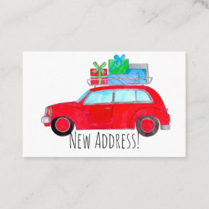 New Address Red Car mit Weihnachtsgeschenken Visitenkarte