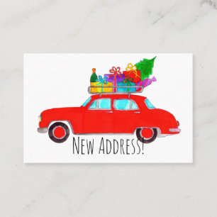 New Address Red Car mit Weihnachtsgeschenken Visitenkarte