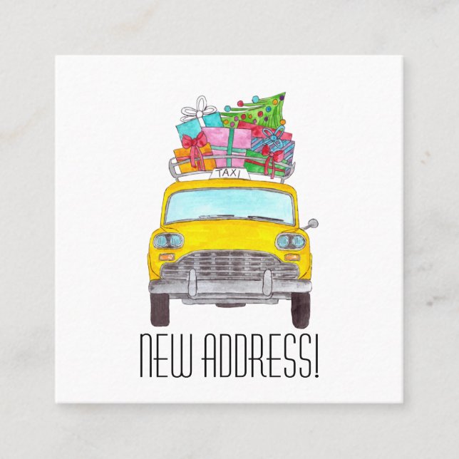 New Address Yellow Cab mit Weihnachtsgeschenken Quadratische Visitenkarte (Vorderseite)