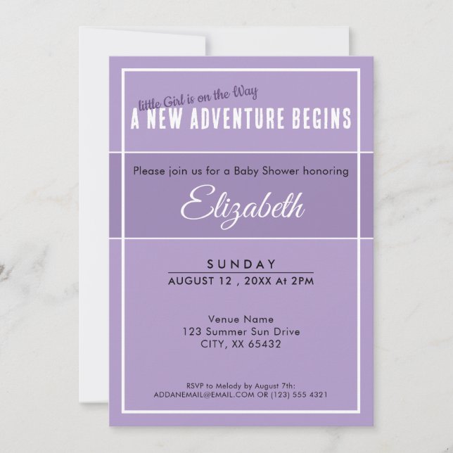 New Adventure Begins Purple Babyshower Invitation Einladung (Vorderseite)