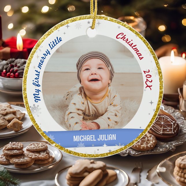 New Baby 2 Fotos Mein erstes frohes kleines Weihna Keramik Ornament (Elegant Modern Cute My first merry little Christmas Baby Boy 2 Photos Snowflakes Stars Golden Frame)