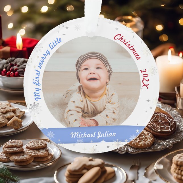 New Baby 2 Fotos Mein erstes frohes kleines Weihna Ornament (Modern Elegant Cute My First Merry Little Christmas Baby Personalized Name 2 Photos Snowflakes Stars)