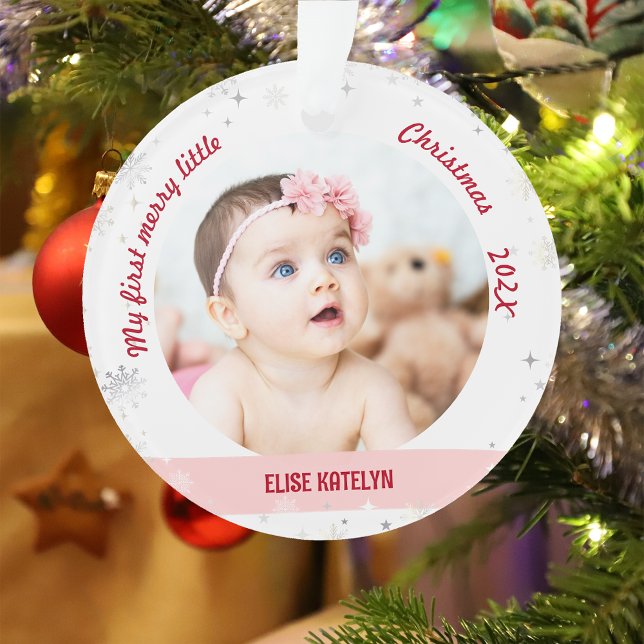 New Baby 2 Fotos Mein erstes frohes kleines Weihna Ornament (Modern Elegant Cute My First Merry Little Christmas Baby Girl 2 Photos Snowflakes Stars Minimalist)