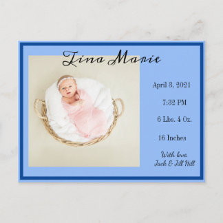 New Baby Birth Announcement Blue Foto Postkarte