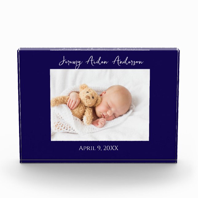 New Baby Birth Navy Blue Border Photo Block (Vorderseite)