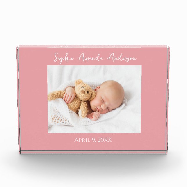 New Baby Birth Pink Border Photo Block (Vorderseite)