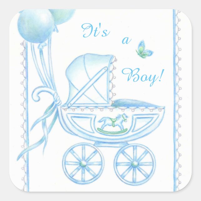 New Baby Boy Blue Buggy und Balloons Quadratischer Aufkleber (Vorderseite)