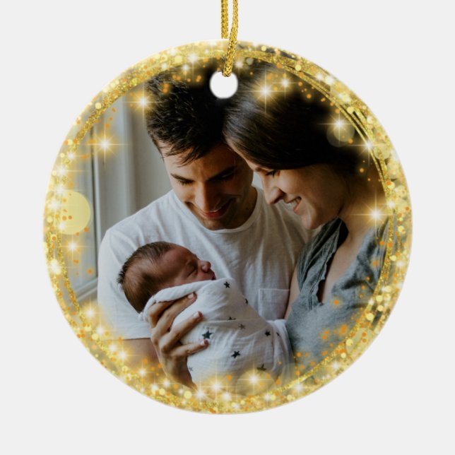 New Baby First Christmas Glitzer Gold Circle Keramik Ornament (Vorne)