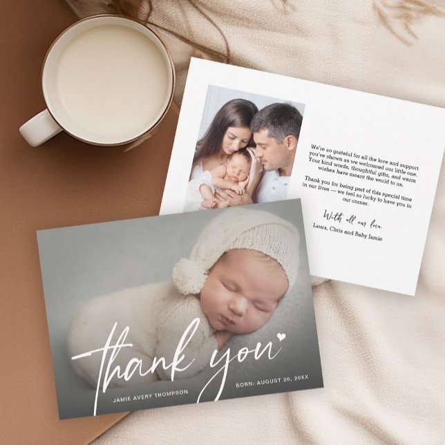 New Baby Foto Vielen Dank Herzlichen Dank Dankeskarte (Baby thank you thank you card with heart, family photo and baby shower message wording.)
