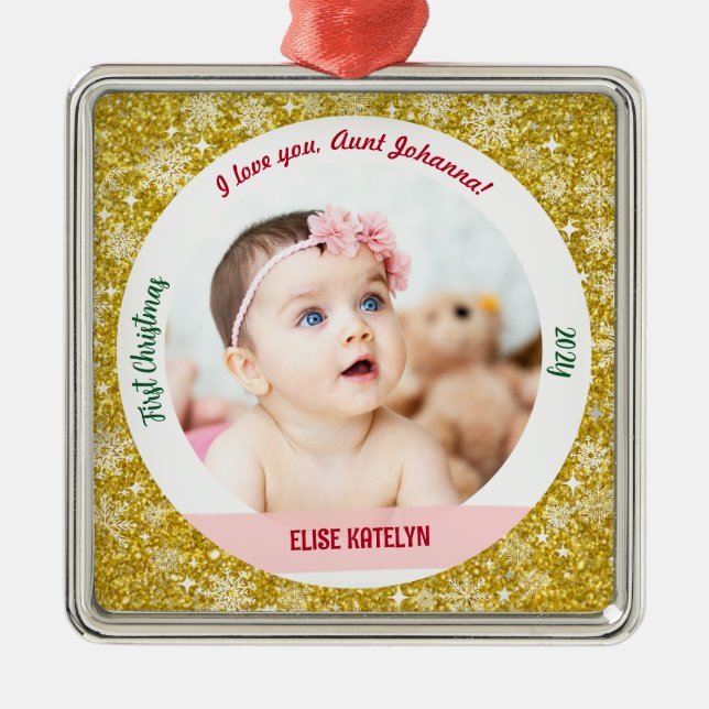New Baby Girl Foto 1. Weihnachtsfeier als Tante Go Ornament Aus Metall (Vorne)