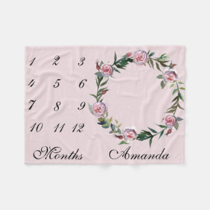 New Baby Säugling Meilenstein Rose Wreath Pink Fot Fleecedecke