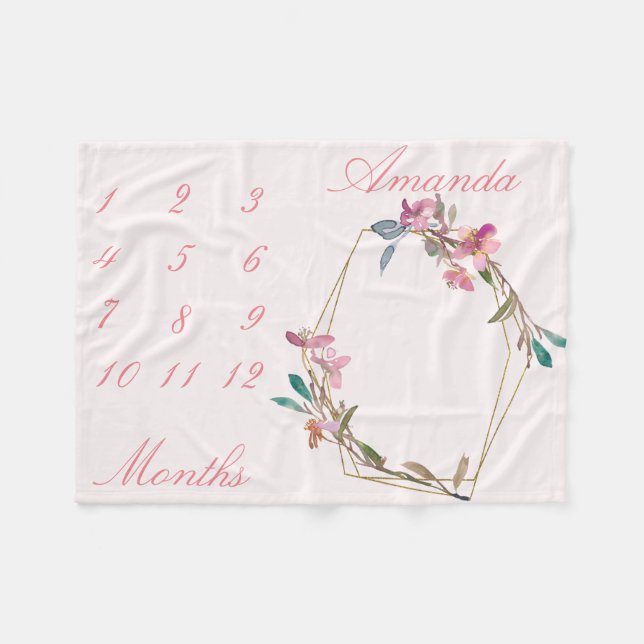 New Baby Säugling Milestone Cherry Blossom Gold Ge Fleecedecke (Vorderseite (Horizontal))