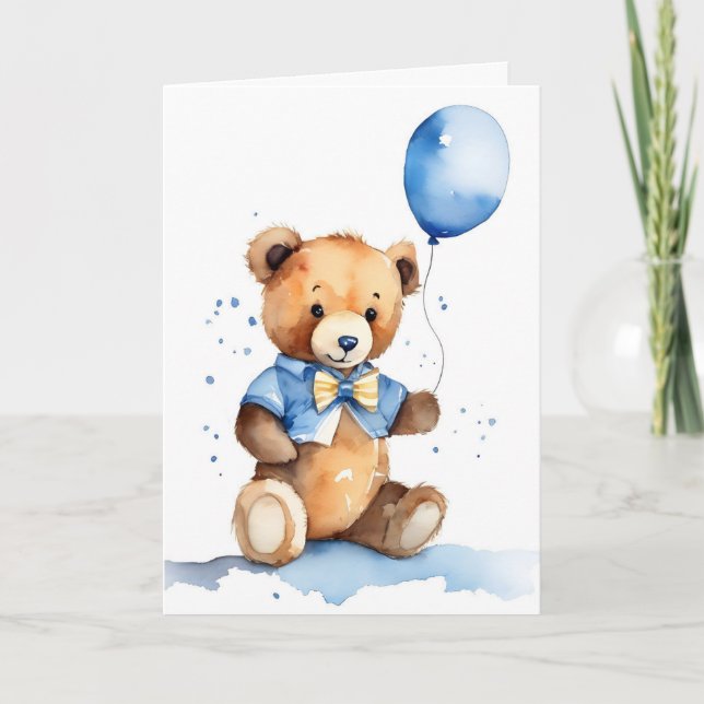 New Baby Teddy Bear With Blue Balloon Karte (Vorderseite)