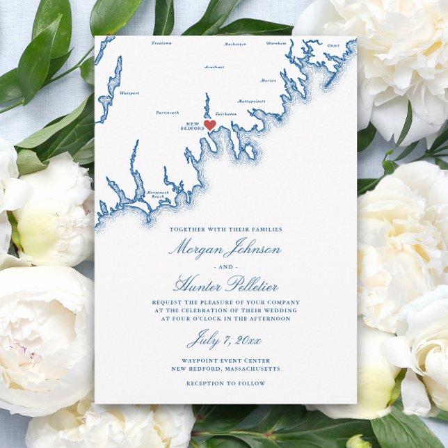 New Bedford MA Map Elegant Navy Blue Wedding Einladung (New Bedford MA Wedding Invitation in Elegant Navy Blue by Coastal Map Designs)
