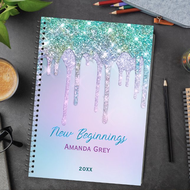 New beginnings Aqua blue Drips monogram large Notizbuch (Von Creator hochgeladen)