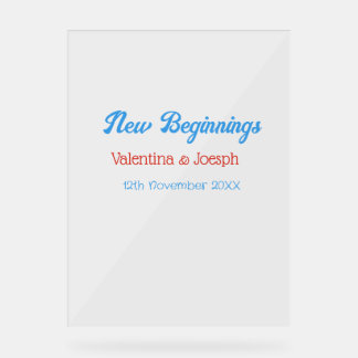 new beginnings couple wedding name date blue retro acrylschild