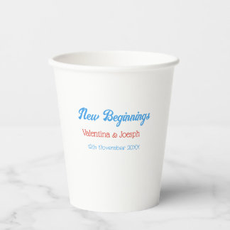 new beginnings couple wedding name date blue retro pappbecher