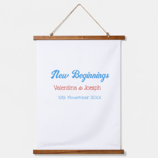 new beginnings couple wedding name date blue retro wandteppich mit holzrahmen