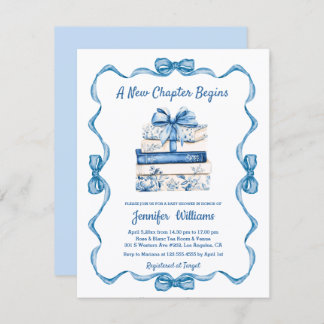 new chapter begins blue ribbon books baby shower  einladung
