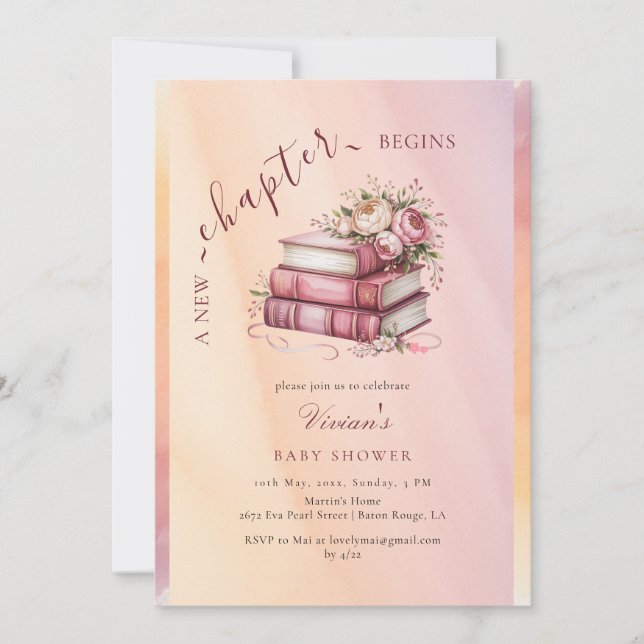New Chapter Begins Floral Books Baby Shower Einladung (Vorderseite)