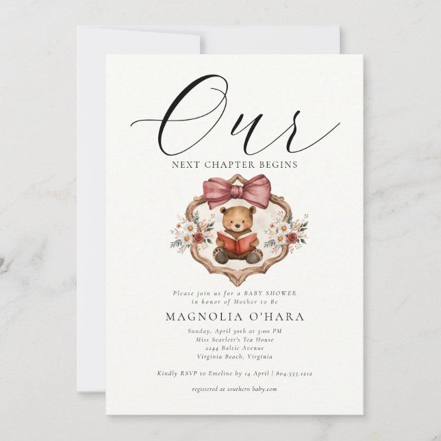 New Chapter Begins Storybook Floral Baby Shower Einladung (Vorderseite)