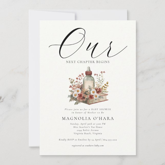 New Chapter Begins Storybook Floral Baby Shower  Einladung (Vorderseite)