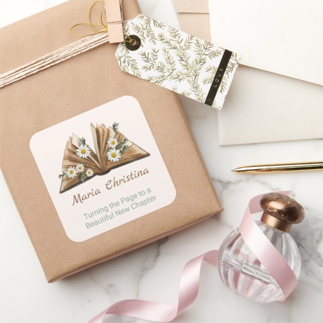 New Chapter Begins Turning the Page Floral Quadratischer Aufkleber (Schenken)